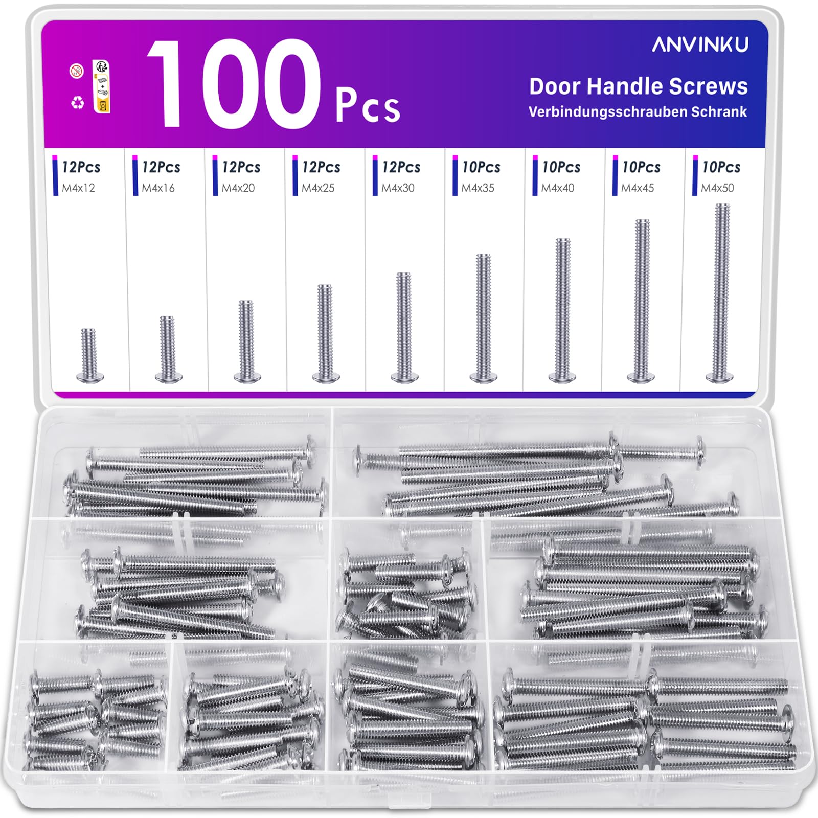 ANVINKU M4 Bolts 100PCS, Door Handle Screws (12/16/20/25/30/35/40/45/50mm)