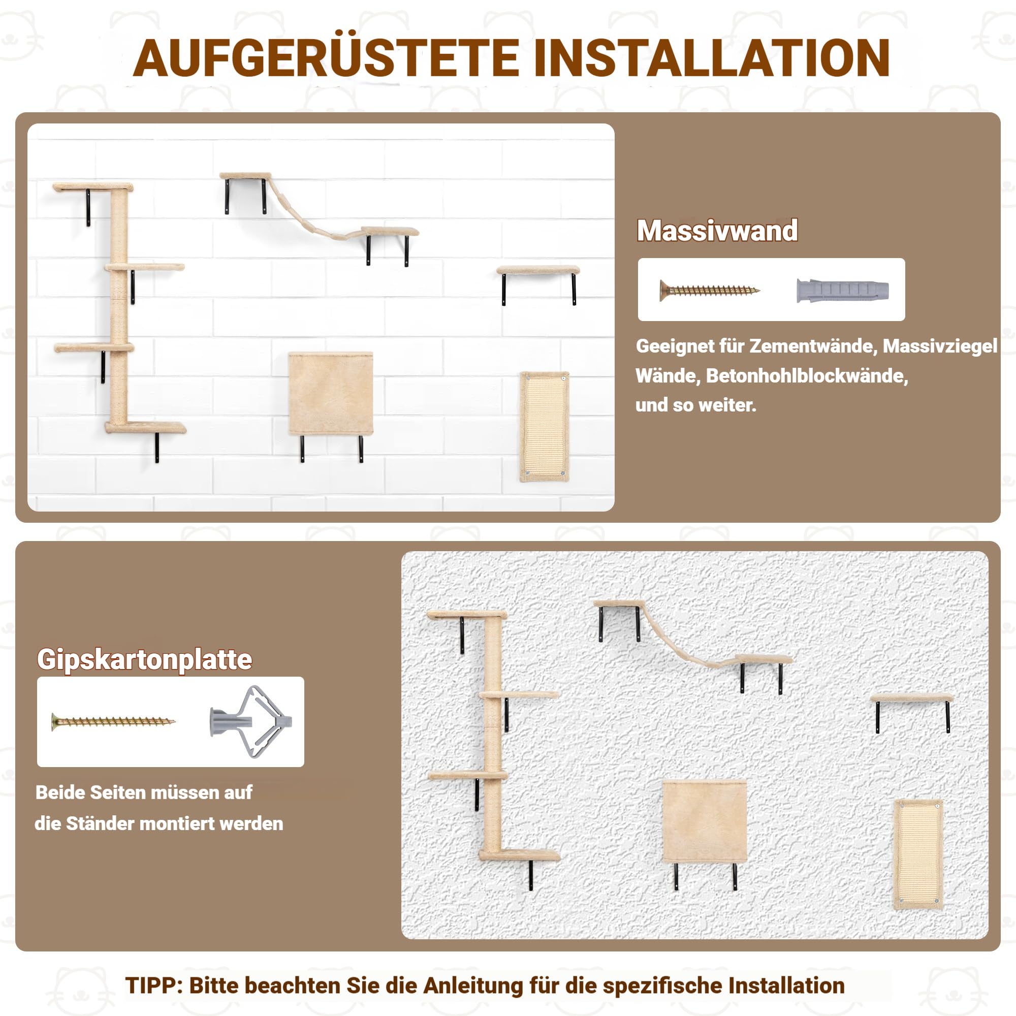 Katzen Kletterwand Set 5-teilig – Wandmontierte Katzenwand mit Katzenhaus, Katzenbrücke & Kratzbrett, Platzsparende Kletterwand Katzen für Wohnung, n, Katzenbrücke (beige)