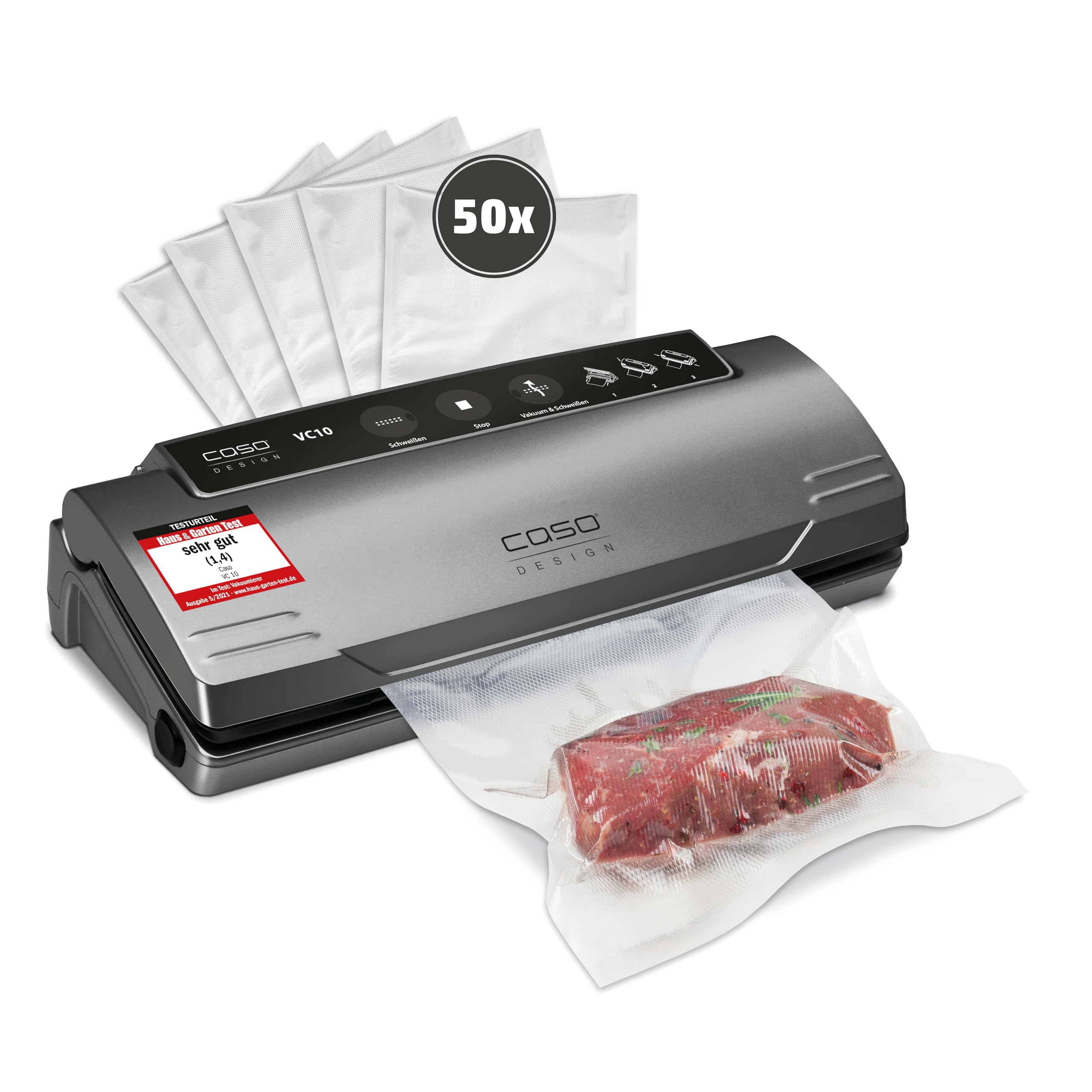 Caso VC 10 Plus Edition - inkl. großem Zubehör Set, Testurteil Sehr Gut, 30 cm Schweißnaht, variable Vakuumstärke, Vakuumpumpe 9 L/min, grau, silber