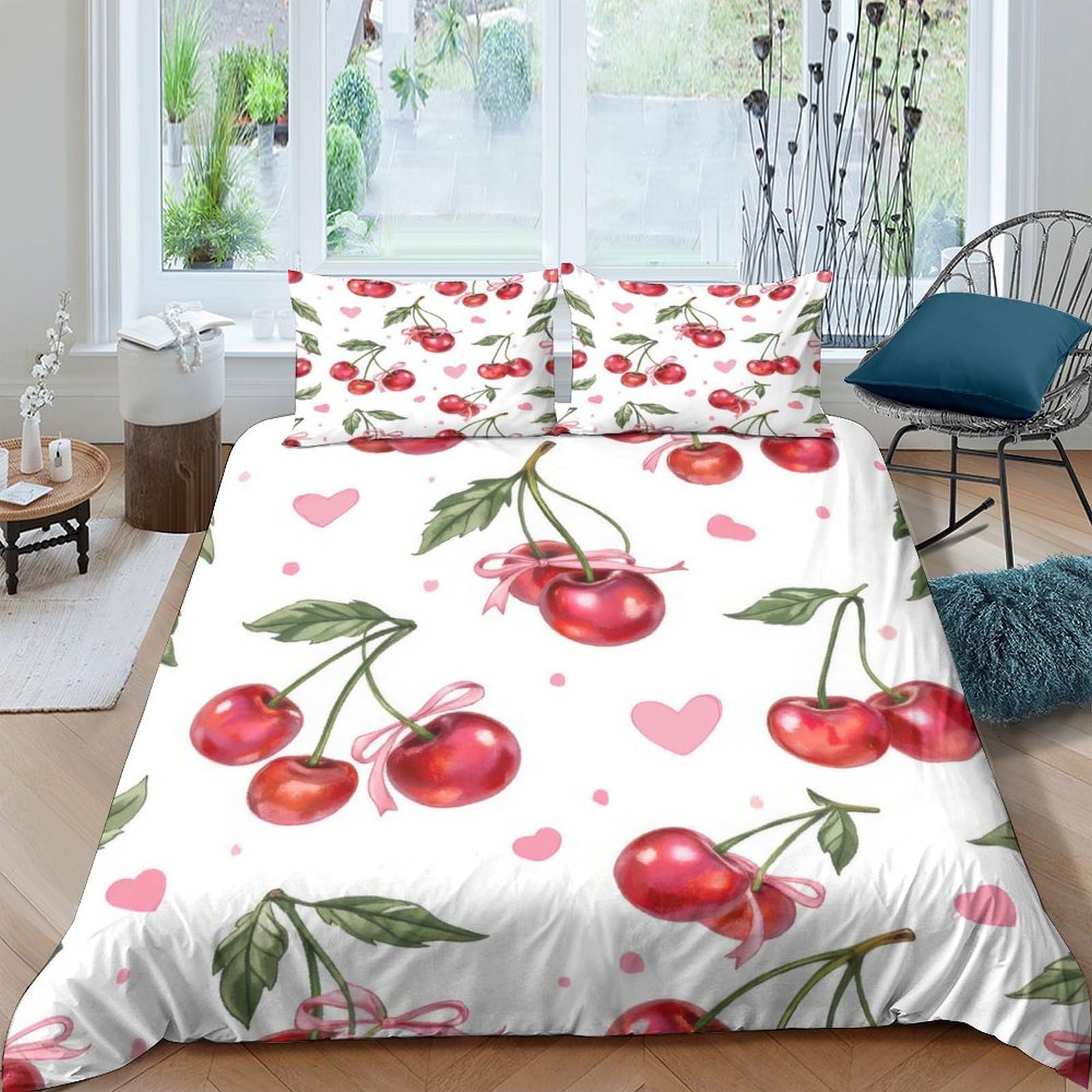 TUFRTGYHN 3D Printed Cherry Fruit Duvet Cover Microfiber Soft Breathable Heart Pattern Bedding Set with 2 Pillowcases for Bedroom Decor, Single（135x200cm）