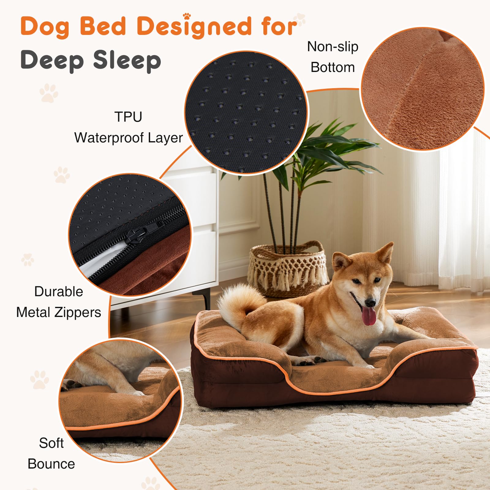 Sweetcrispy Orthopedic Dog Bed, XL Large Memory Foam Puppy Cat Bed with Washable Waterproof Removable Cover & Non-Slip Bottom for Pet Calming Sleeping (42"x32", Brown) - image 3