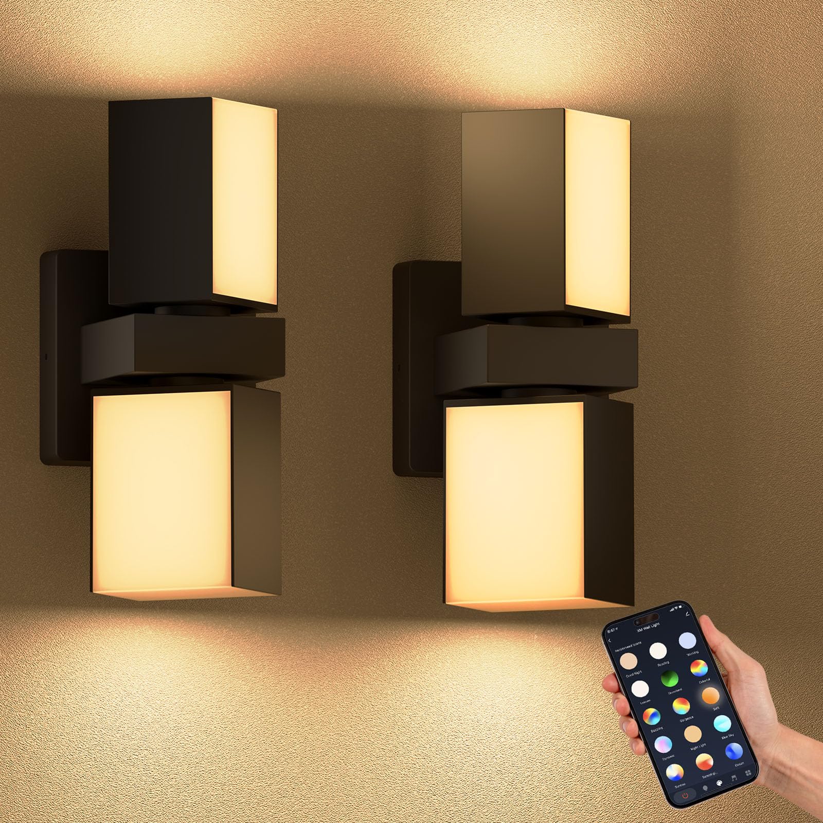 Photo 1 of XMCOSY+ Outdoor Wall Lights, 1400LM Smart RGBCW Exterior Lighting Fixtures Adjustable Dual-Head Outdoor Light Fixture, WiFi APP Control, Alexa Compatible, Waterproof Porch Lights Outdoor, 2 Pack