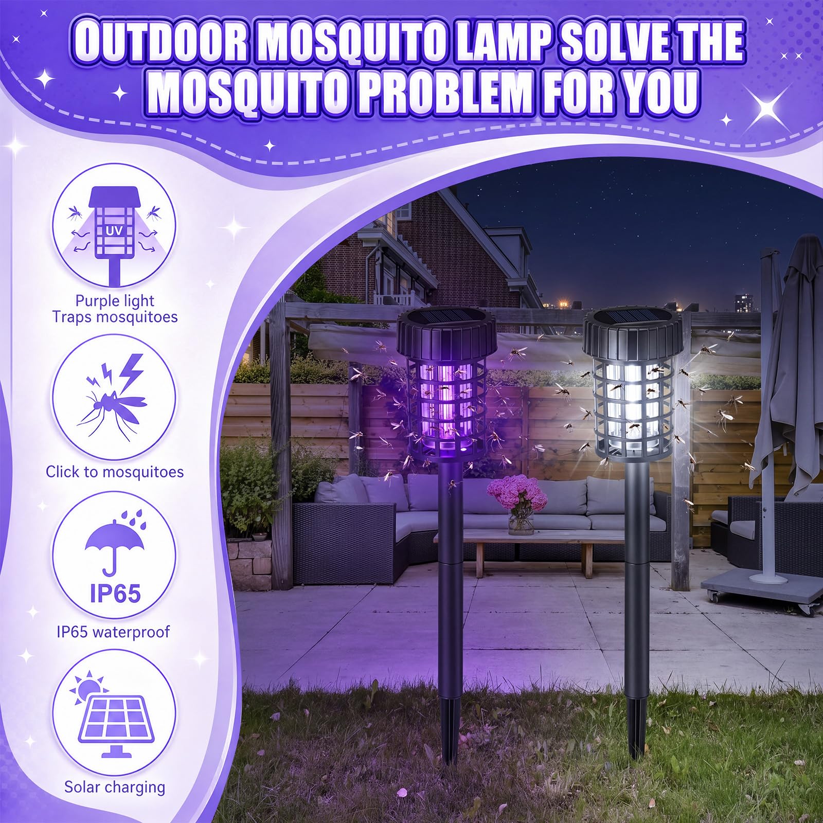 Qualirey Confezione da 4 lampade a energia solare per esterni, impermeabili, repellenti per zanzare, con luce LED, per esterni, giardino, patio, cortile (luce bianca e viola, nero)
