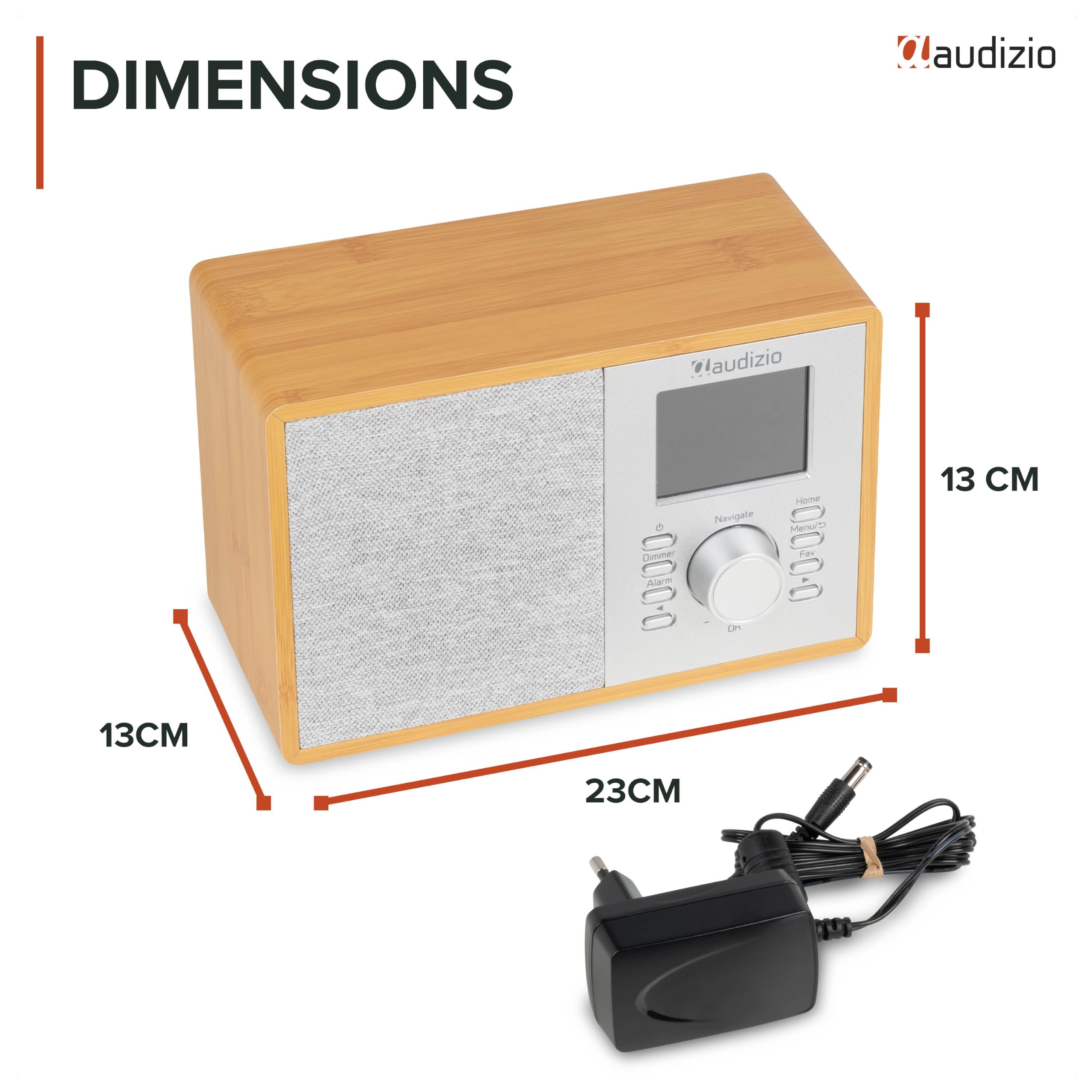 Audizio Cosa Radio Internet Wi-FI Dab+ FM BT 5.2 Bambou, Radio Numérique Compacte 30 W avec Écran Couleur 2,4", Plus de 32 000 Stations, Réveil, Entrée AUX et Sortie Casque