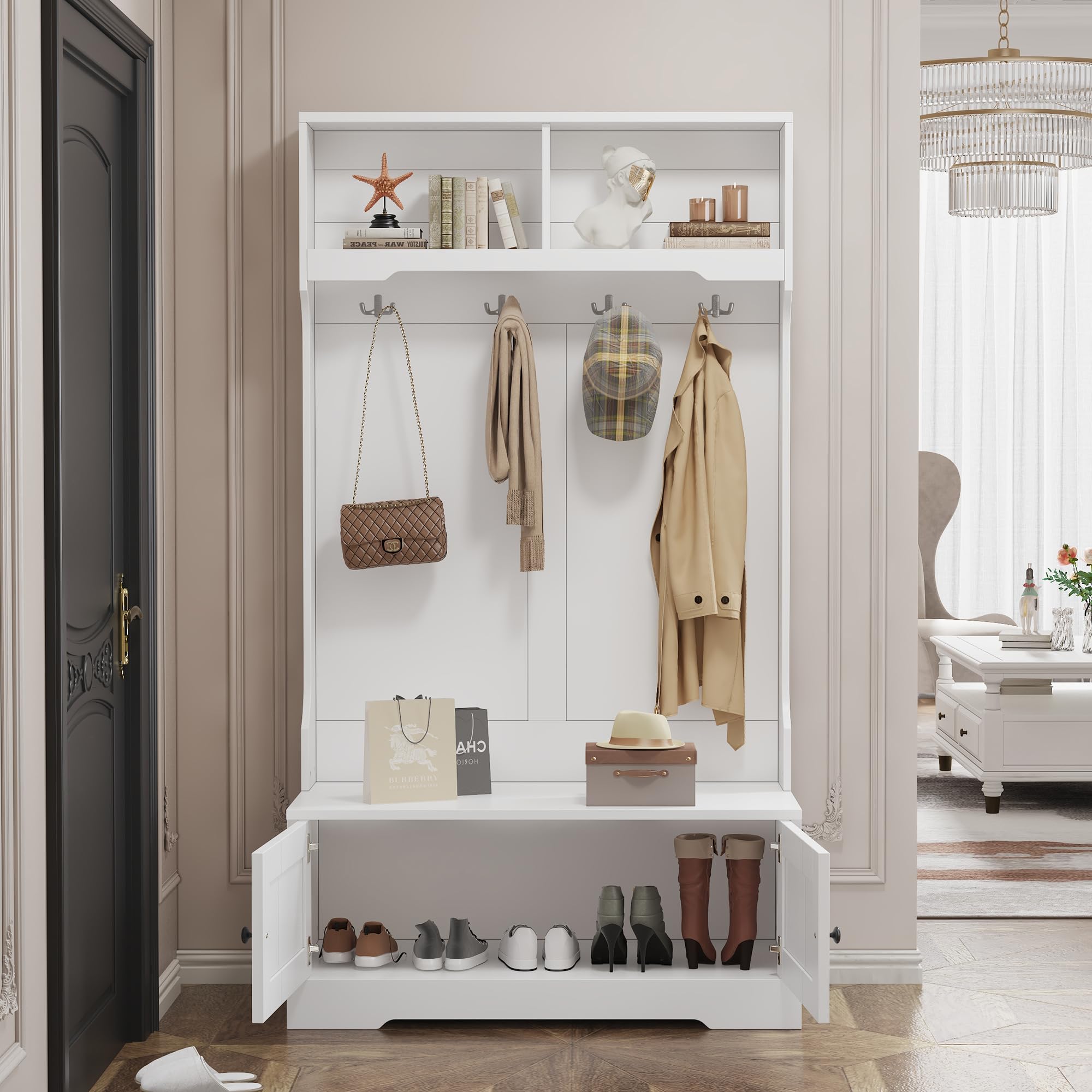 Merax Flurgarderobe, Garderobenschrank Flur, Garderobe mit Sitzbank, Weißer Eingangsschrank mit Stauraum an der Unterseite des Sitzes, 101 x 183 x 47 cm (B/H/T), Weiß