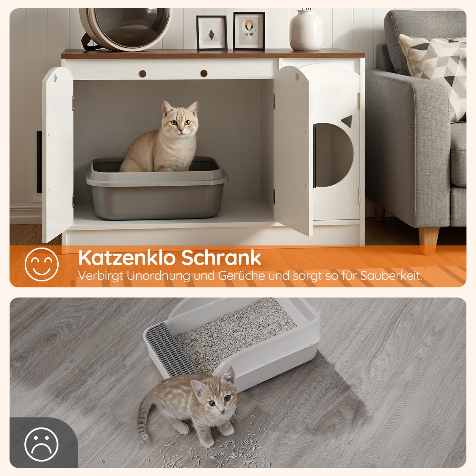 HOOBRO Katzenklo Schrank, Verstecktes Katzenklo, Katzenschrank, Moderner Katzenkloschrank aus Holzwerkstoff mit 2 Türen, Katzentoilette, Katzenmöbel, katzenkopfförmig, Weiß und Walnuss EWH51MW01
