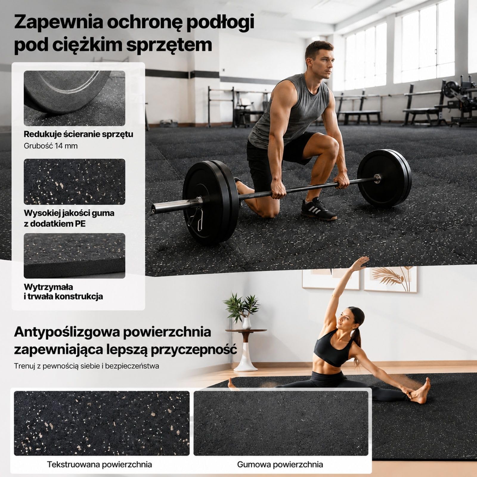 Zestaw 6 mat puzzle z pianki EVA, czarne z szarymi kropkami, łączone, do fitnessu, siłowni, domu, biura