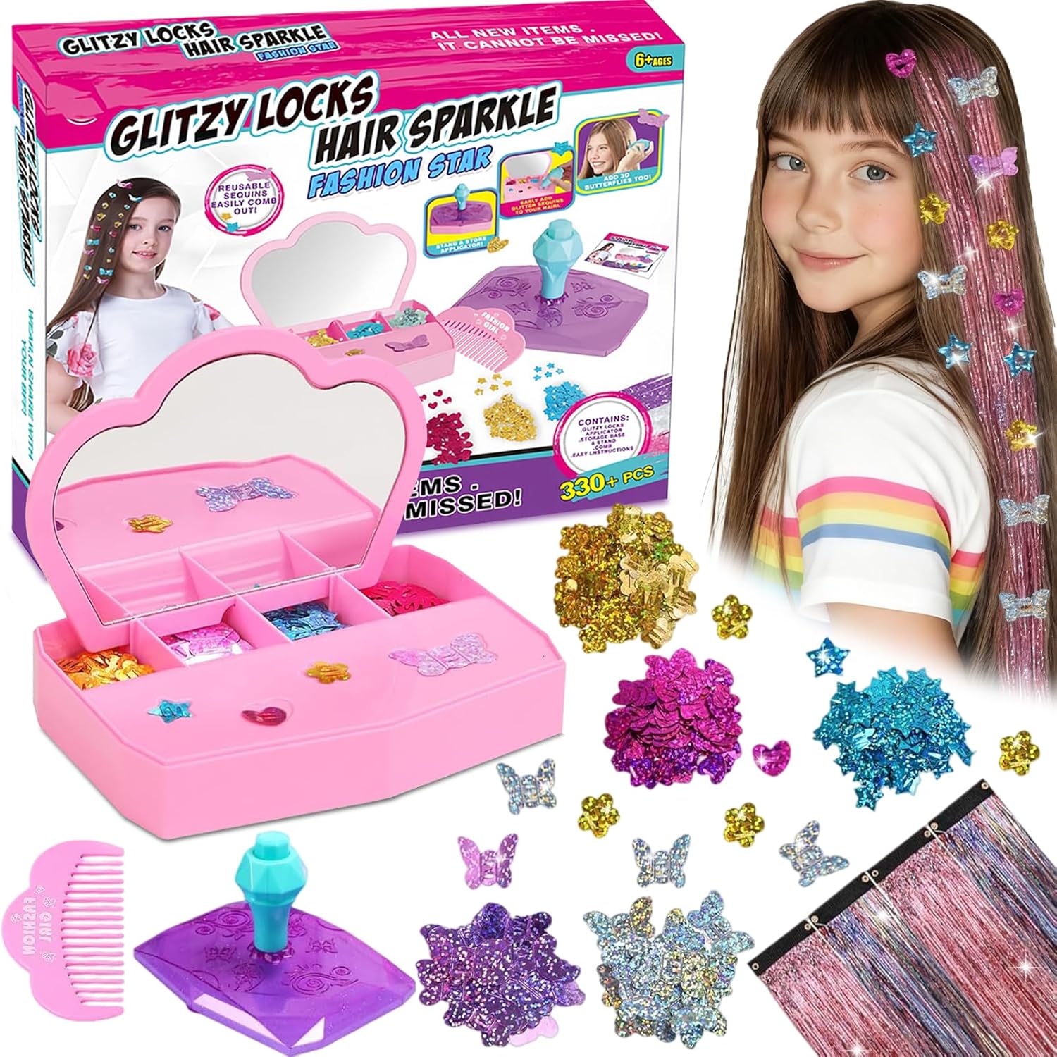 WDFXLWT Hair Gem Stamper Kit, Hair Gem Stamper Kit for Girls – DIY Hair Jewelry Set with Hair Glitter Patch, Reusable Bling Kid Hair Accessories, Hair Gems Stamper Design Tool Gift for Age 6-12