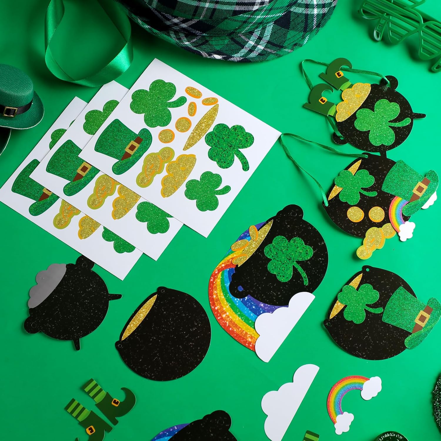 Nuanchu 36 Sets St. Patrick Day Craft Kits DIY Gold Pot Shamrock Coin Hats Rainbow Stickers Hanging St. Patrick Day Decorations for Irish Activity Luck Gift Art