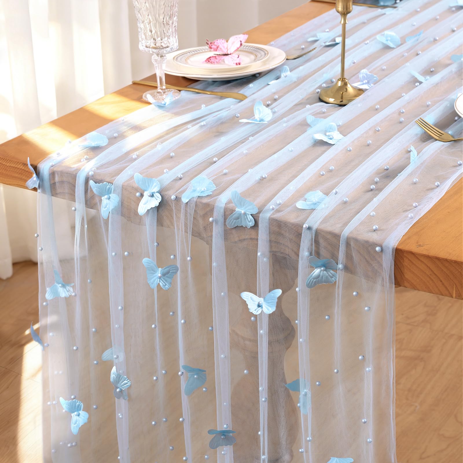 MEIVINES Blue Butterfly Lace Table Runner 75x300 cm Pearl Table Runner
