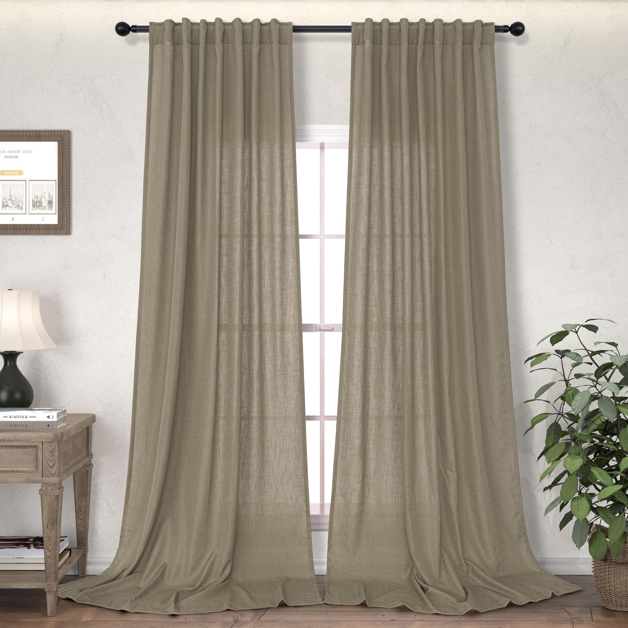 Taupe Back Tab Linen Curtains 96 Inches Long for Living Room Bedroom 2 Panels Light Filtering Back Tab Rod Pocket Pleated Neutral Country Farmhouse 96