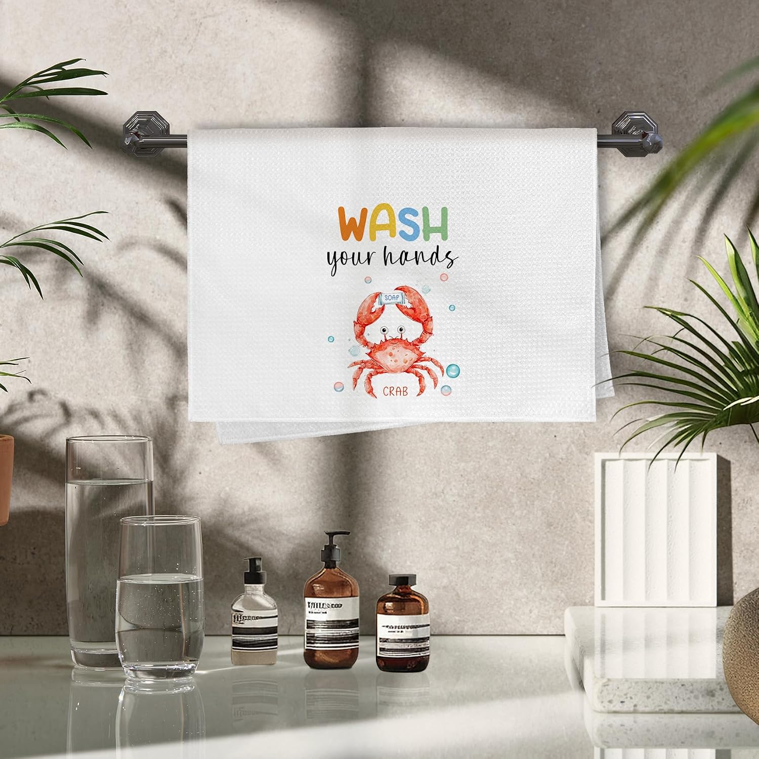 Coastal Beach Kids Hand Towels Set of 4, Ocean Marine Fish Crab Shark Octopus Beachy Decorative Hand Towel for Bathroom, Coastal Beach Kids Bathroom Decor, 16x24 Inch