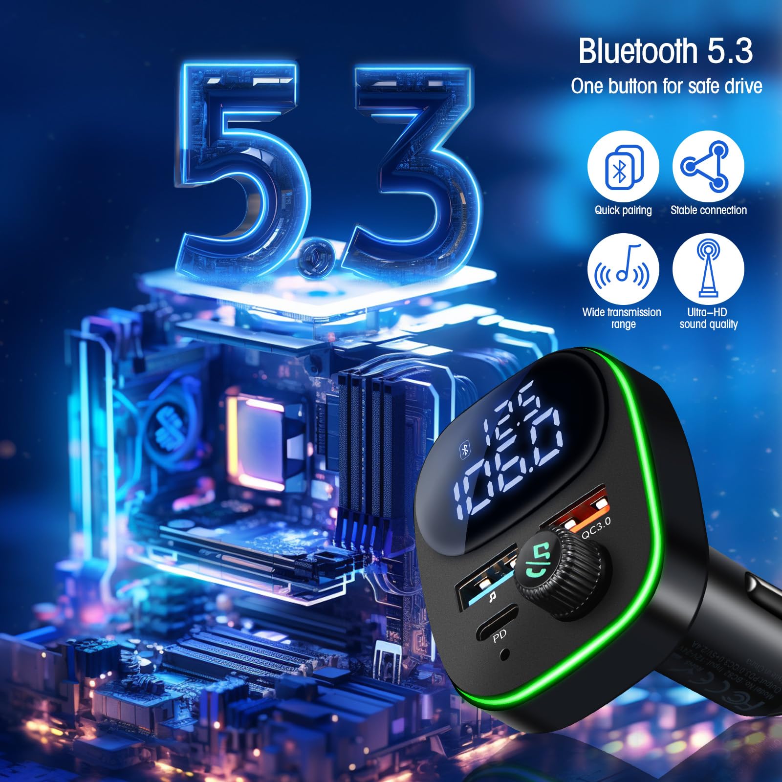 Hoppac Trasmettitore Bluetooth 5.3 Per Auto, PD 30W & QC 3.0 Adattatore Bluetooth Auto Per La Ricarica Rapida, Display LED,Per Ascoltare Musica e Telefonare in Vivavoce