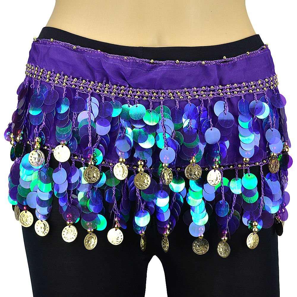 VRITRAZ Women's Chiffon Belly Dance Hip Scarf Waistband Belt Skirt Mixed Colors Beads and Golded Coins 56 Royal 2
