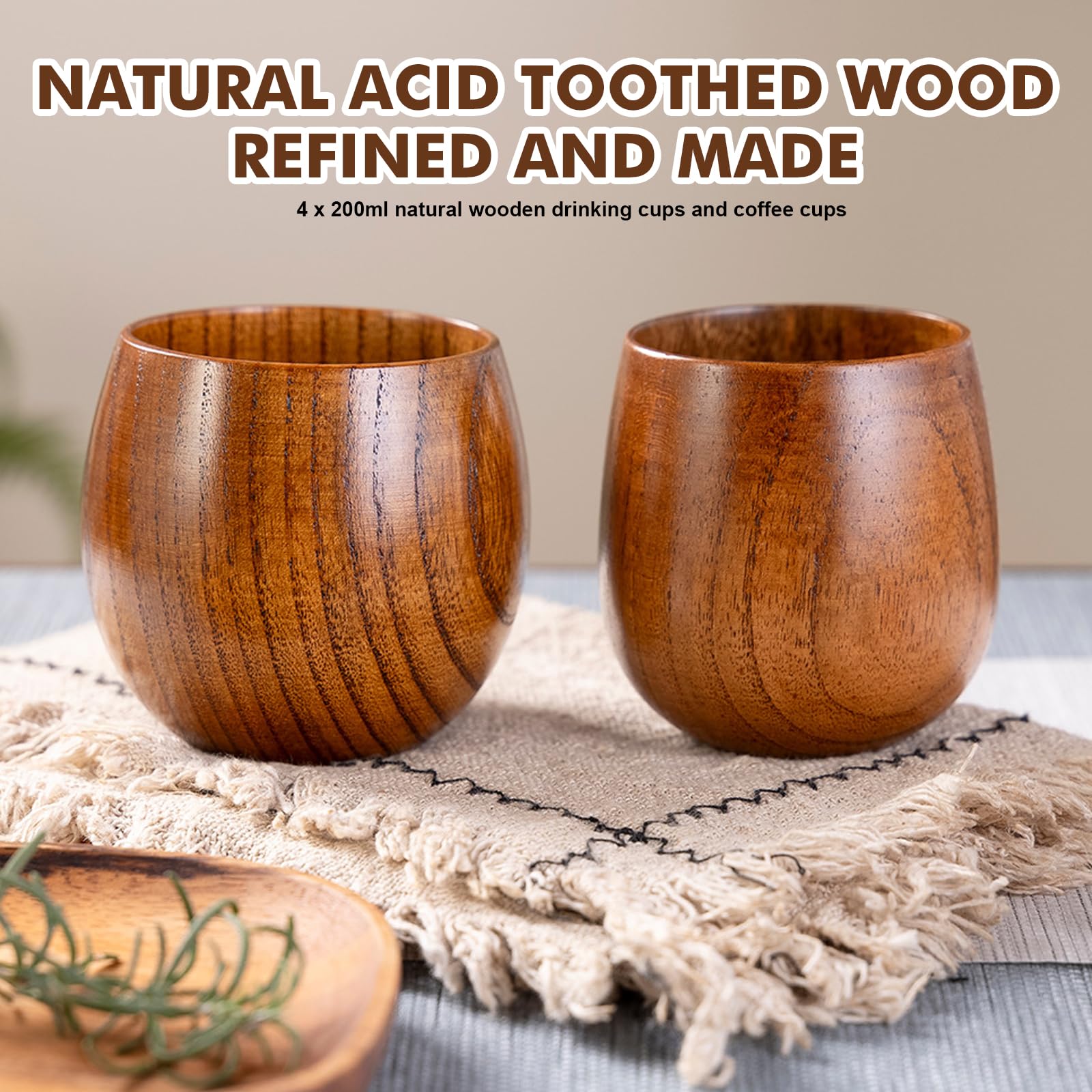 4 bicchieri in legno da 200 ml, in legno naturale, con fondo piatto, design semplice, in legno, per la casa e l'ufficio