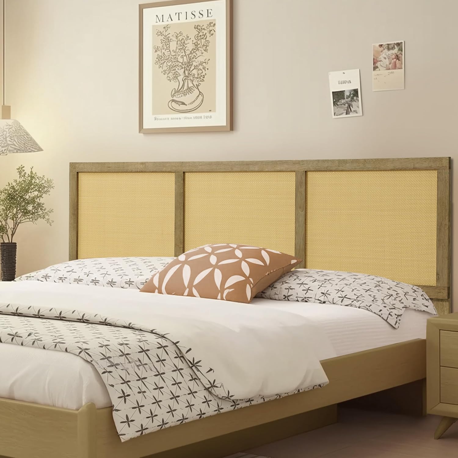 LuxenHome Queen Size Natural Rattan Panel Headboard with Durable Wood Legs, 78" Oak Finish Wood Farmhouse Boho Adjustable Height Bed Headboard from 41” to 45.8” Free-Standing Panels, Easy Assembly