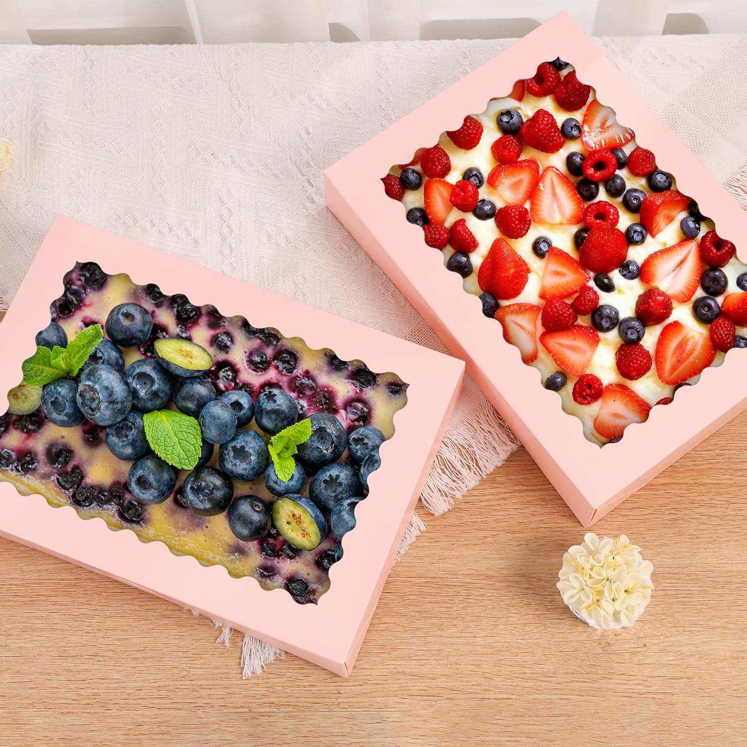 24 cajas de galletas, cajas grandes de panadería de 14 x 10 x 2.5 pulgadas con ventana para pasteles, chocolate, fresas, magdalenas, donas, pasteles, postres, Navidad (rosa)