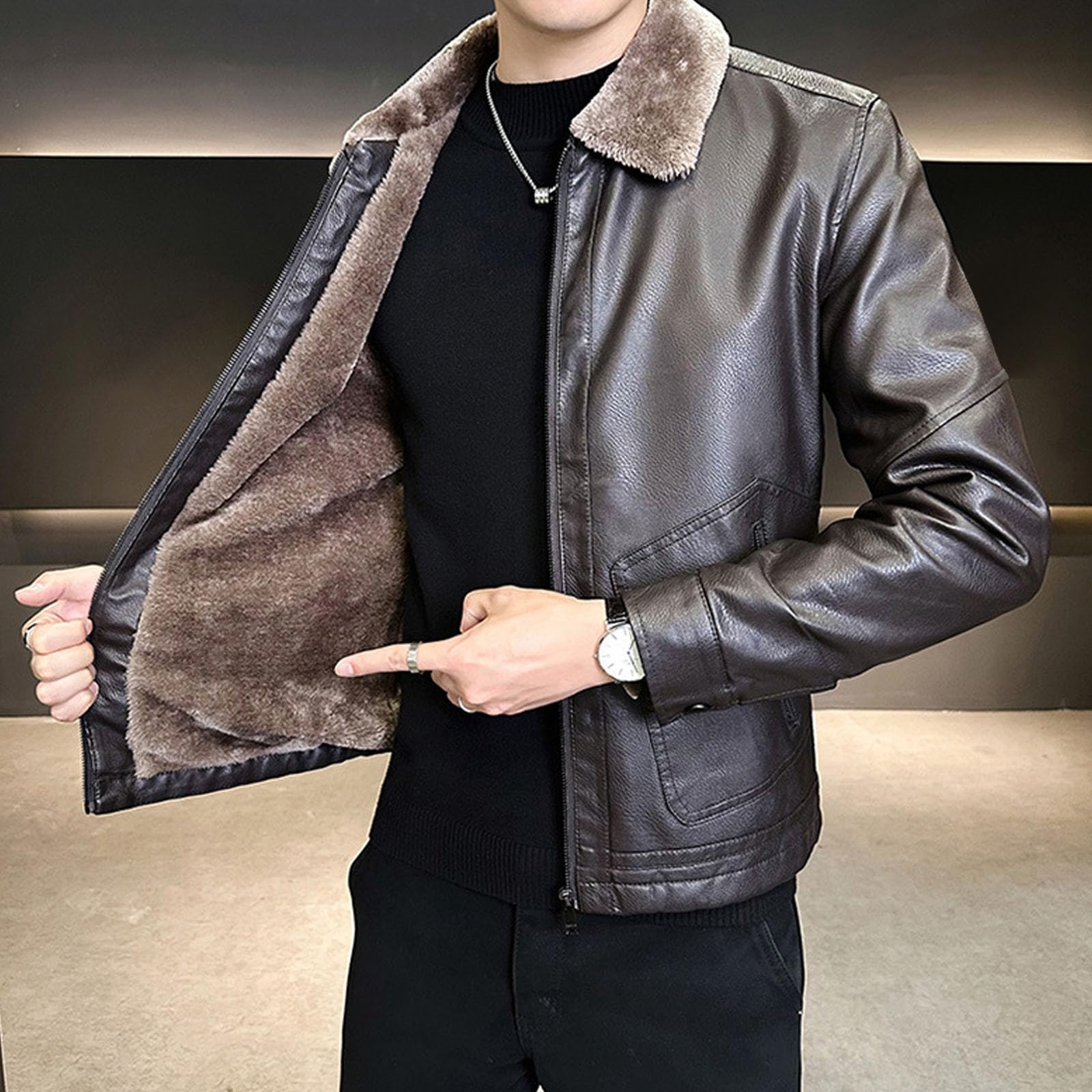 Générique Giacca da uomo a mezza stagione, in similpelle marrone, con colletto a patta e pelliccia interna con zip e tasche laterali, giacca da uomo primavera per caldo e abbigliamento casual, marrone