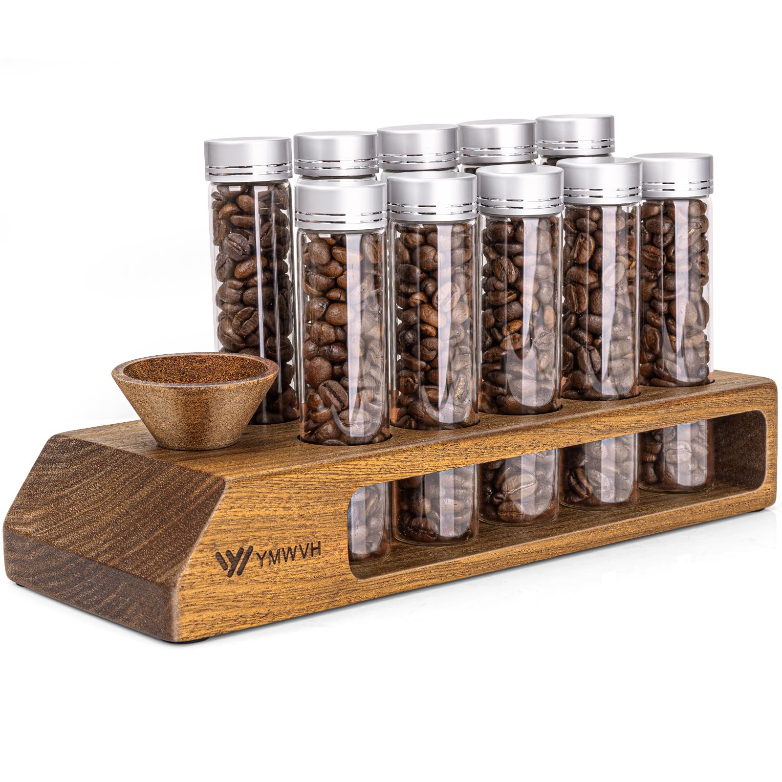 Single Dose Coffee Bean Storage Tubes 12 Pcs Coffee Bean Cellar Container Dosing Glass Vials,2oz Glass Jars With Lids, 2 Layers Sapele Display Stand And Wooden Funnel(Large)