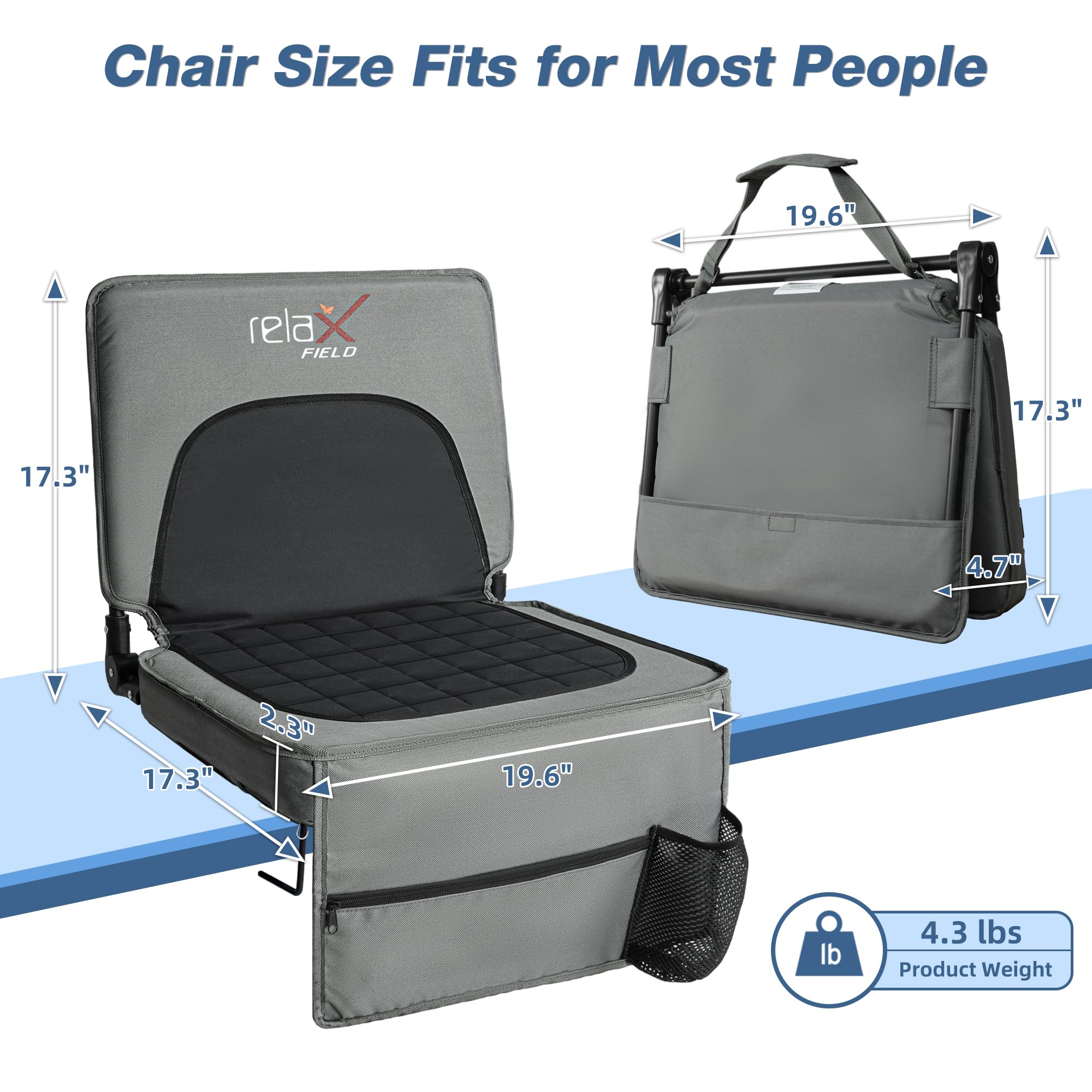 RELAX FIELD Stadium Seats with Back Support and Cushion, Folding Stadium Chair Includes Shoulder Strap and Cup Holder, Portable Bleacher Chairs for Sports Events,Grey