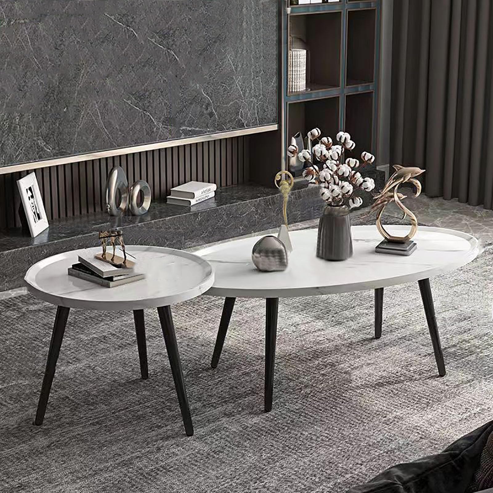 SXZenSpace Oval Wood Coffee Table Set of 2,31.5" Mid Century Modern Nesting Center for Living Room with Open Design Legs,A,80cm(31.5")+50cm(19.7")