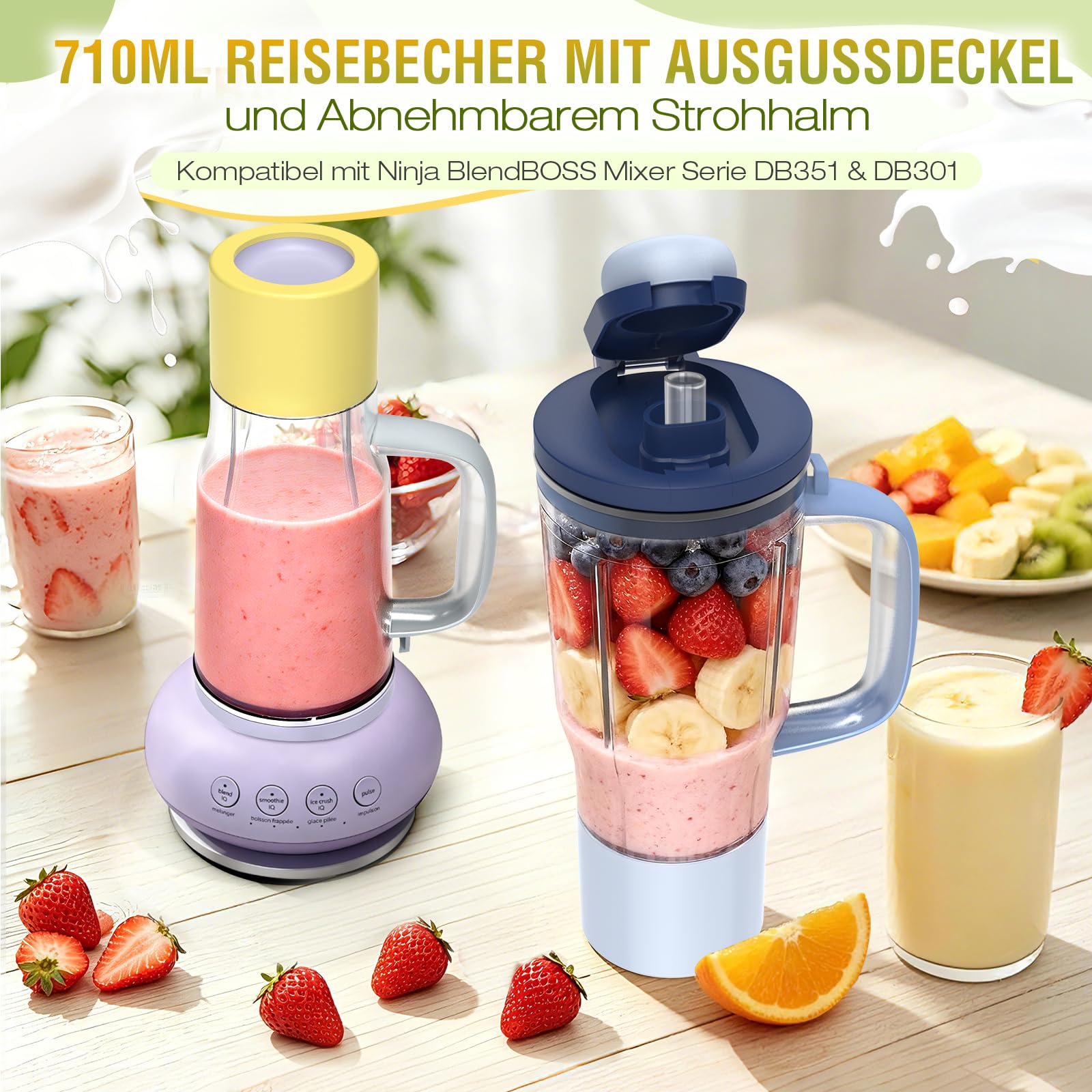 710 ml Reisebecher Ersatz für Ninja BlendBOSS Mixer | Persönlicher Smoothie-Becher mit Ausgussdeckel und abnehmbarem Strohhalm, kompatibel mit Ninja DB351 DB301 Serie (Cyberspace)