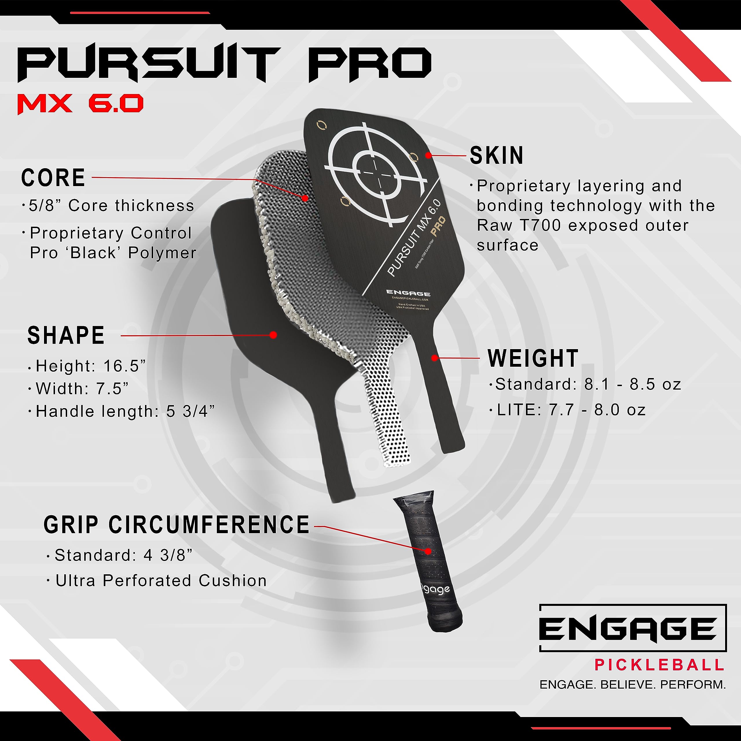 Engage Pursuit Pro MX 6.0 Pickleball Paddle – Elongated Shape, Raw T700 Toray Carbon Fiber Face, 16mm Control Pro “Black� Core, Vortex Barrier Edge Technology Limits Vibration – Lightweight