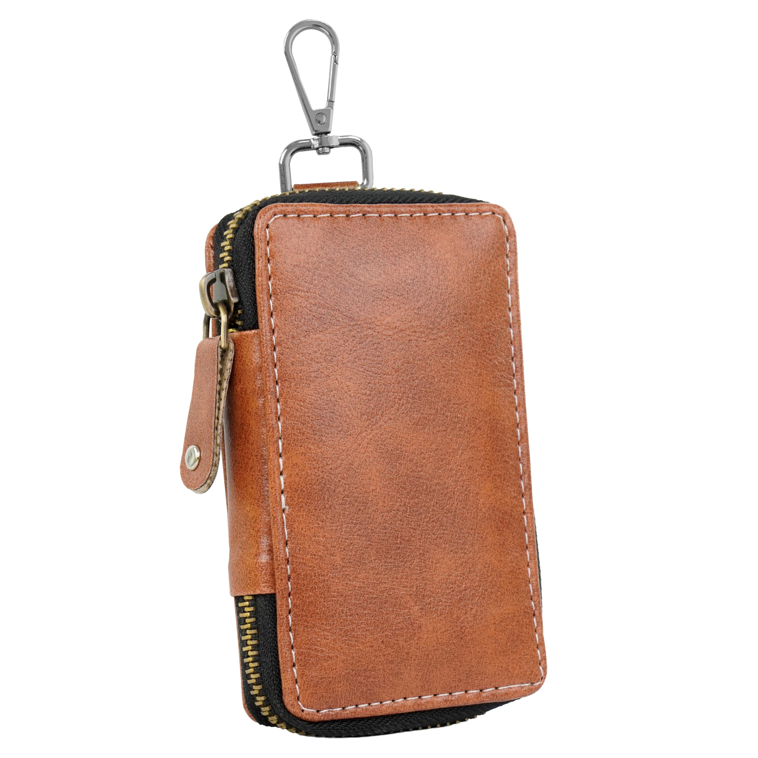 Storite PU Leather Large Key Case Pouch Wallet Keychain Key Holder with 6 Hooks Zipper Closure - Brown