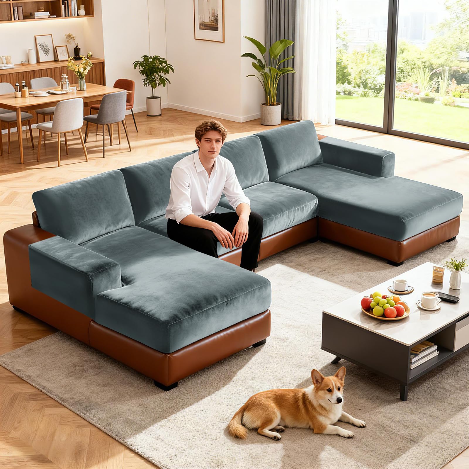 Sofabezug U Form Stretch Samt Ecksofa Bezugsset Universal Sofabezug Polsterbezug Sektional Sofa Cover L Shape Couchbezug Mit Sesselbezügen (grau-blau,Universal 10pcs Set)