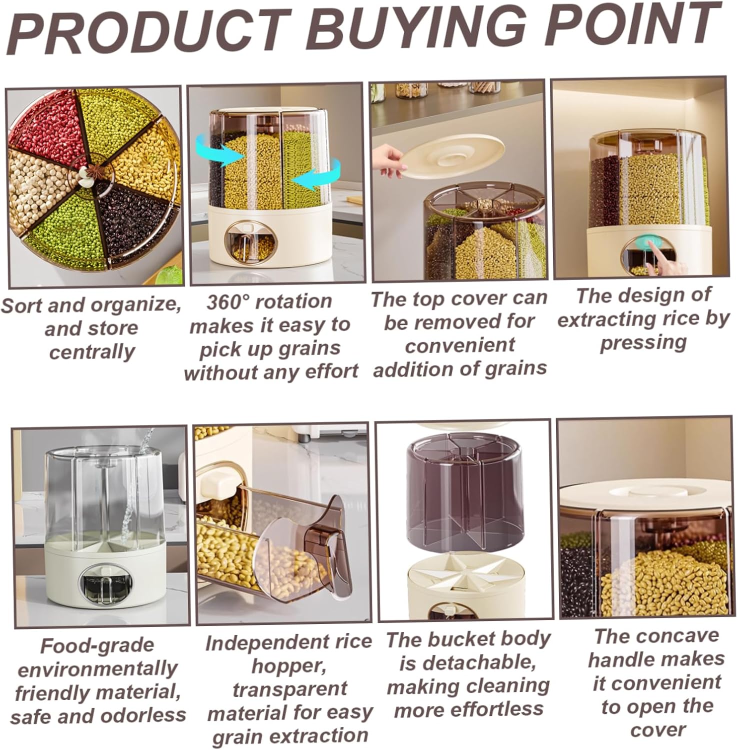 Grain Dispenser, 360° Rotating Clear Rice Bucket with 6 Compartment, One-Click Output Cereal Dispenser with Lid for Kitchen, 9.25x11.02 inch, Kitchen Storage Organisation