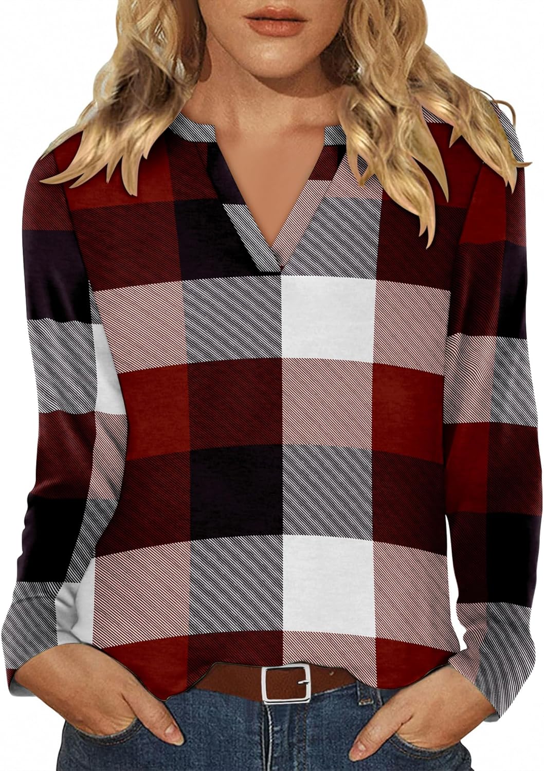 CRAZY GRID Women V Neck Fall Top Loose Fashion Casual Long Sleeve Shirt Comfy Blouse for Office Work and Daily Wear