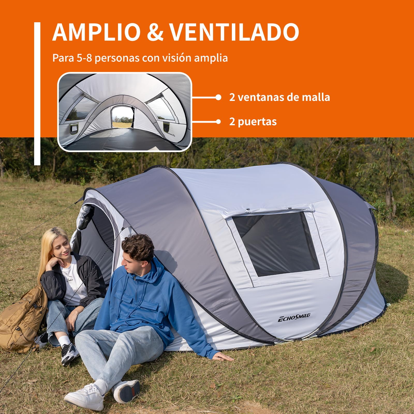 EchoSmile Tienda de Campaña Pop Up para 4-8 Personas-Impermeable, Montaje Rapido, Ultraligera Portátil con 2 Ventanas, para Camping Senderismo Playa