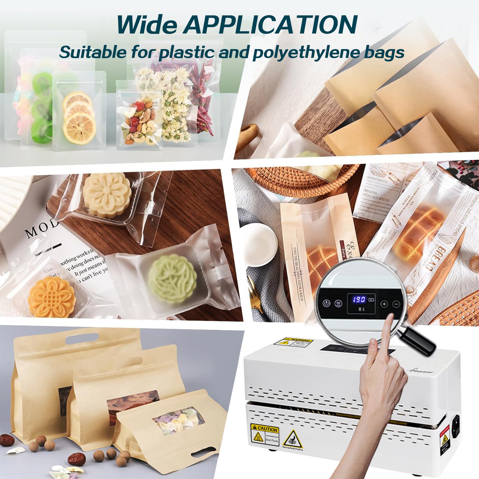 Phezer Máquina de sellado térmico continuo, sellador automático de bolsas de plástico con control digital de temperatura, sellador térmico de banda ligera para almacenamiento comercial de alimentos