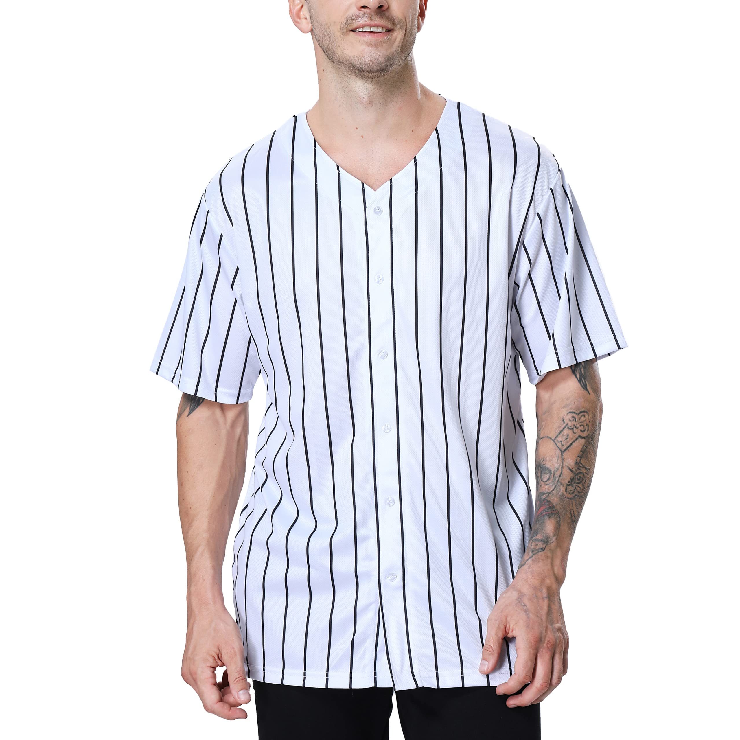 TOPTIESportswear Pinstripe Baseball Jersey for Men and Boys, Hip Hop Button-Down Jersey