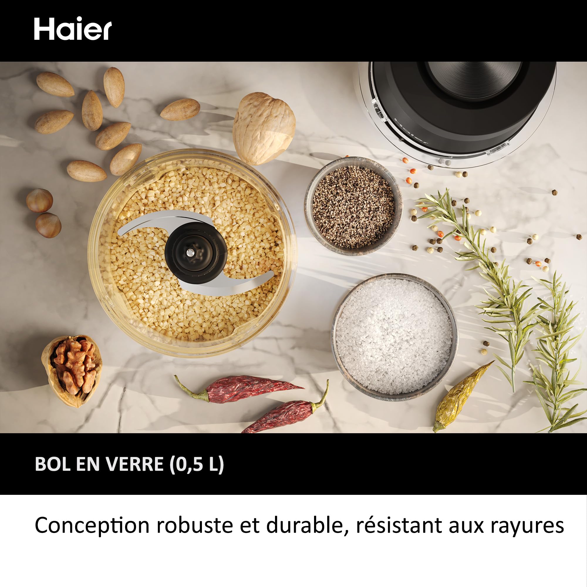 Haier I-Master Series 5 Mini-Hachoir, Puissant 550W, 2 Vitesses, Hachoir de Légumes, Base Antidérapante, Bol en Verre de 0,5L [Noir]