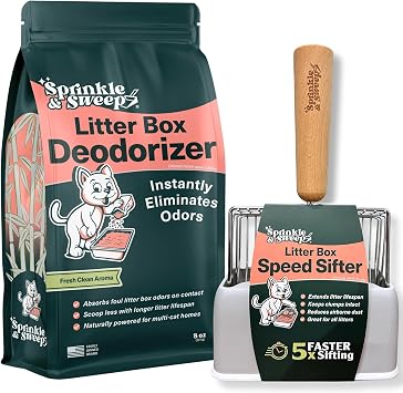 Sprinkle & Sweep Litter Box Deodorizer Duo - 8oz Bag & Speed Sifter - Cat-Kitten Home Odor Neutralizer, Ultra-Absorbent Formula, Wood Handle Scooper