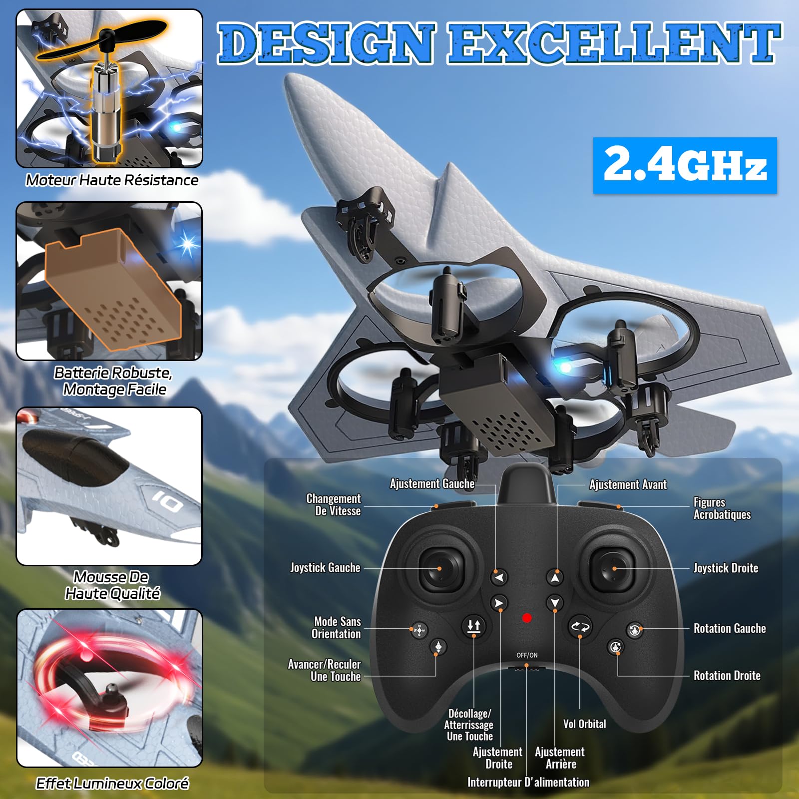 Charmofun Avion Télécommandé, 2,4 GHz Avion RC Avions Radiocommandé Enfants avec LED, Retournement 360°, Hauteur Fixe, Mode sans Tête, Planeur Jouet Volant pour Enfants débutants Noël Fête Cadeaux