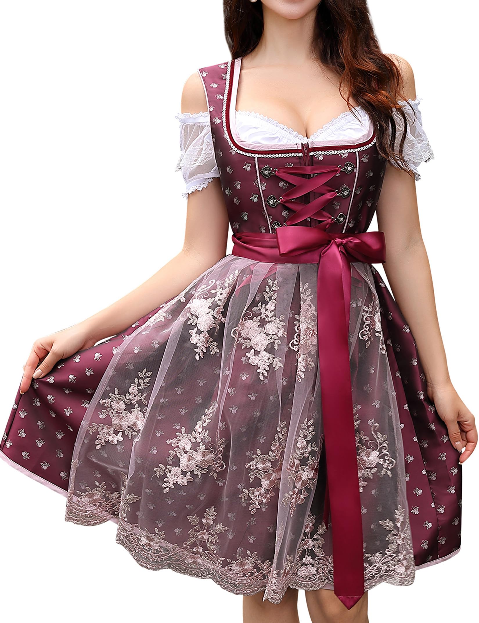 Clearlove Dirndl Damen Oktoberfest Trachtenkleid 3 Teilig inkl. Kleid Schürze Bluse