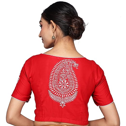 BHROMOR Womenes red Color Cotton Boat Neck Embroidered Design Front Hook and Eye Clouse Elbow Length Sleeves Festive and Party Saree Blouse