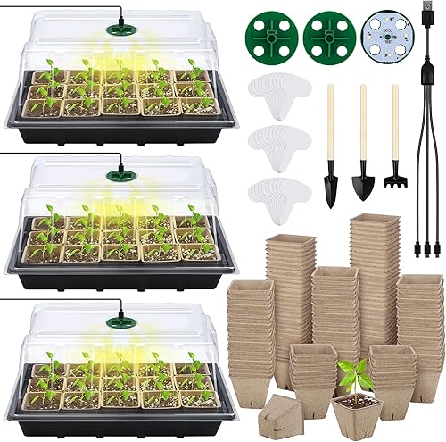 Miniatura 1 de Hahood 3 juegos de bandejas de inicio de semillas con luz de crecimiento y macetas de turba, bandejas de cultivo de germinación de plástico con