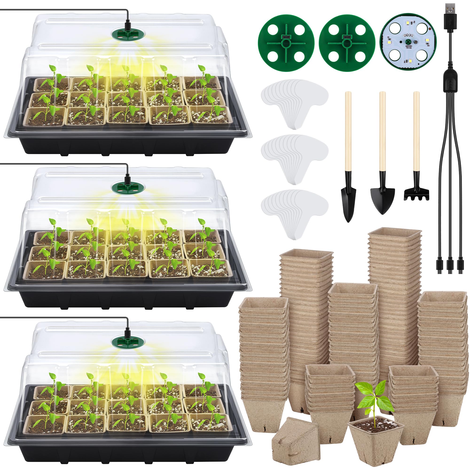 Hahood 3 Sets Seed Starter Tray Kits with Grow Light and Peat Pots Plastic Germination Growing Trays with with Humidity Dome and Base 100 Plant Labels Garden Tools for Seeds Growing Propagation, Black