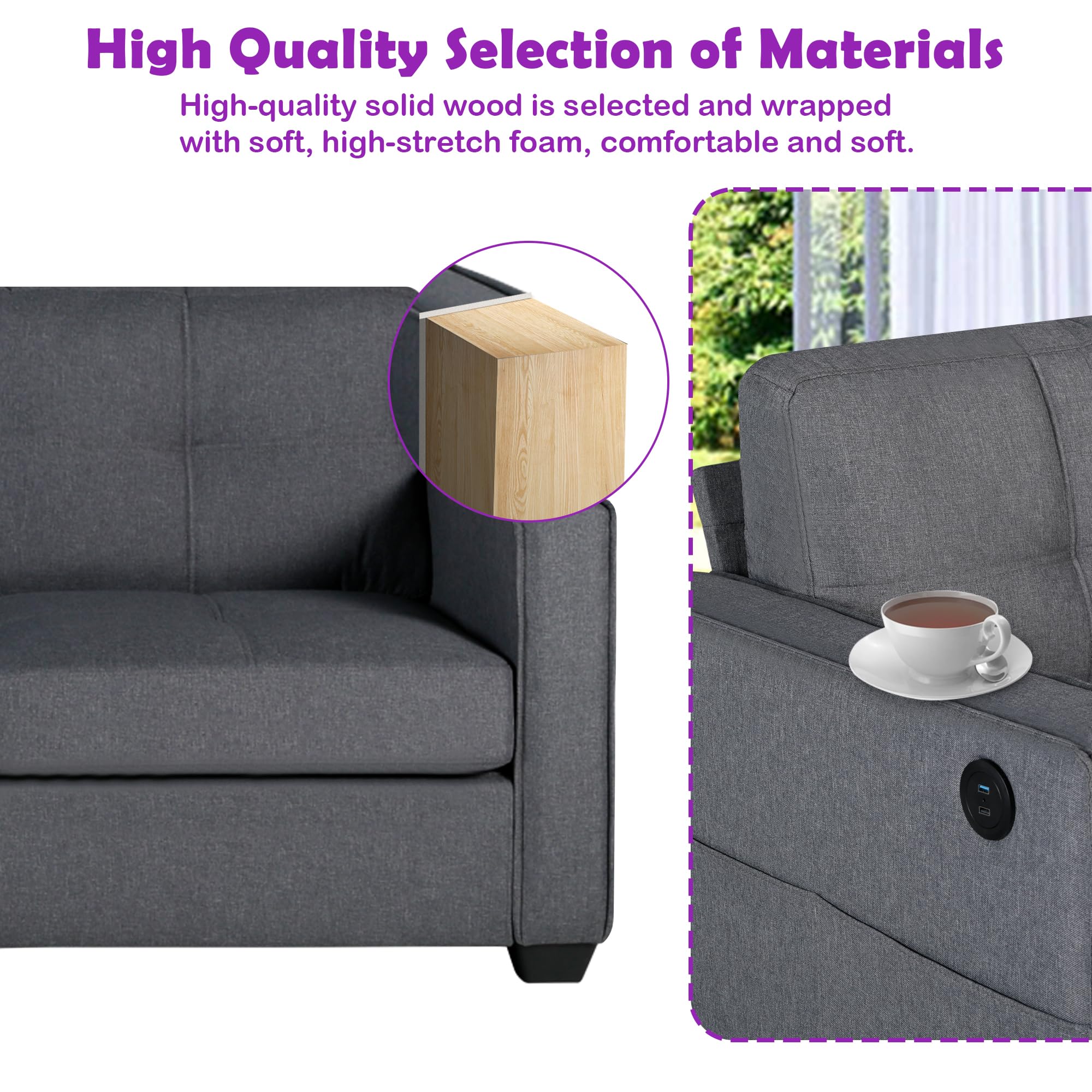 TYBOATLE 88" W Modern 3 Seater Sofa Couch, Fabric Linen Deep Seat Mid Century Couches w/ 2 USB Charging Ports and Upholstered Cushions, Comfy Sofas for Living Room, Bedroom, Apartment (Dark Gray) INCOMPLETE 2 SEATS ONLY SIMILAR TO LOT PHOTO