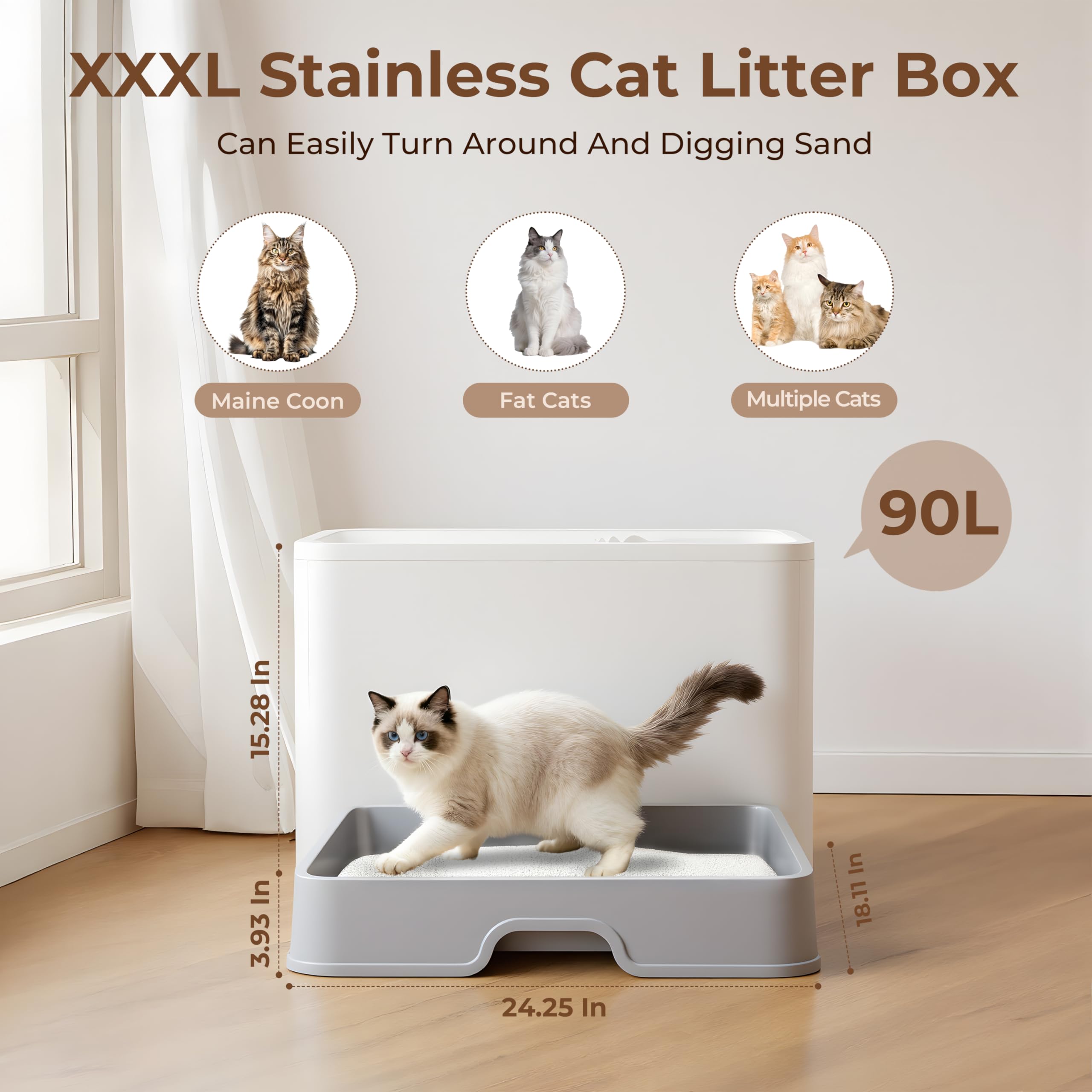 XXXL Stainless Steel Litter Box with Lid, Front Entry Top Exit, Extra Large Metal Cat Litter Box with Drawer, Maine Coon Cats, with Litter Scoop & Litter Mat, Anti-Odor, Anti-Leakage & Non-Stick - image 3