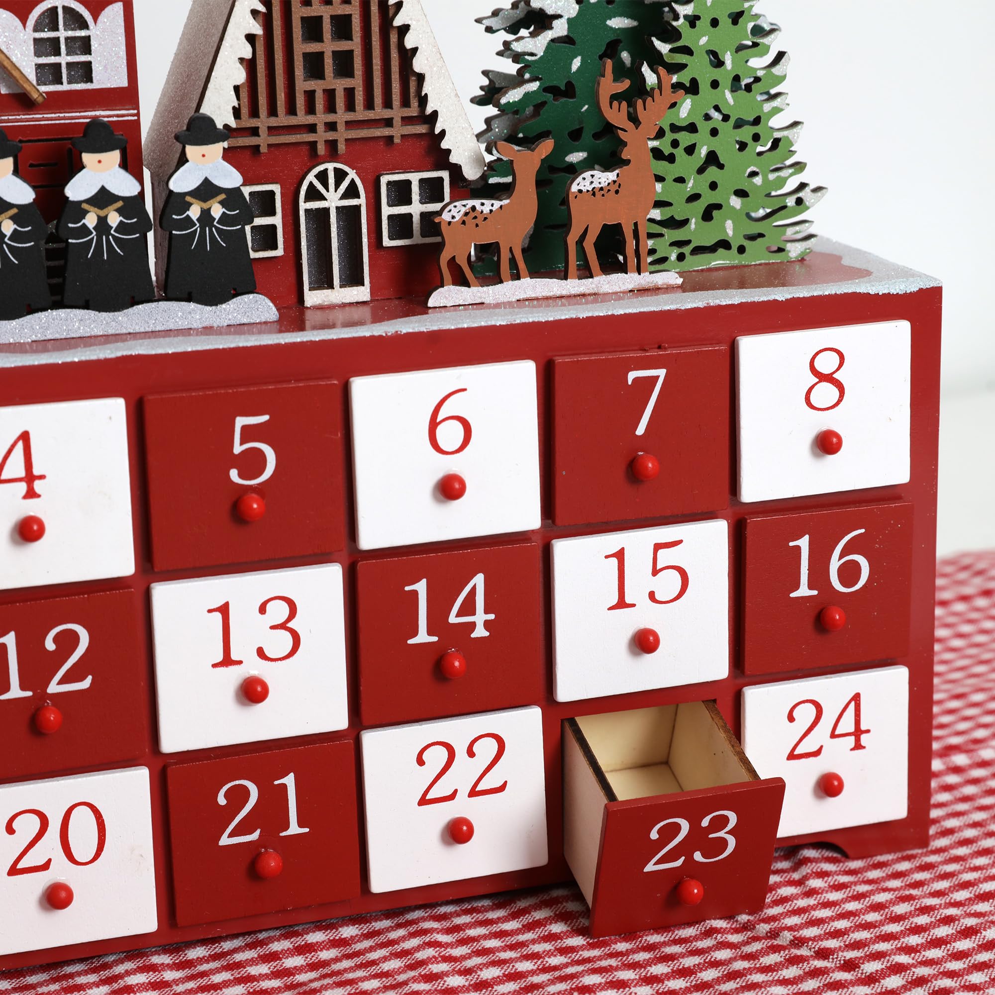PE Handgefertigter Holz Adventskalender mit 24 Schubladen - Beleuchteter Weihnachtskalender mit Dorf Szene - Weihnachtsdeko zum Befüllen 37,5 x 8 x 27,3 cm