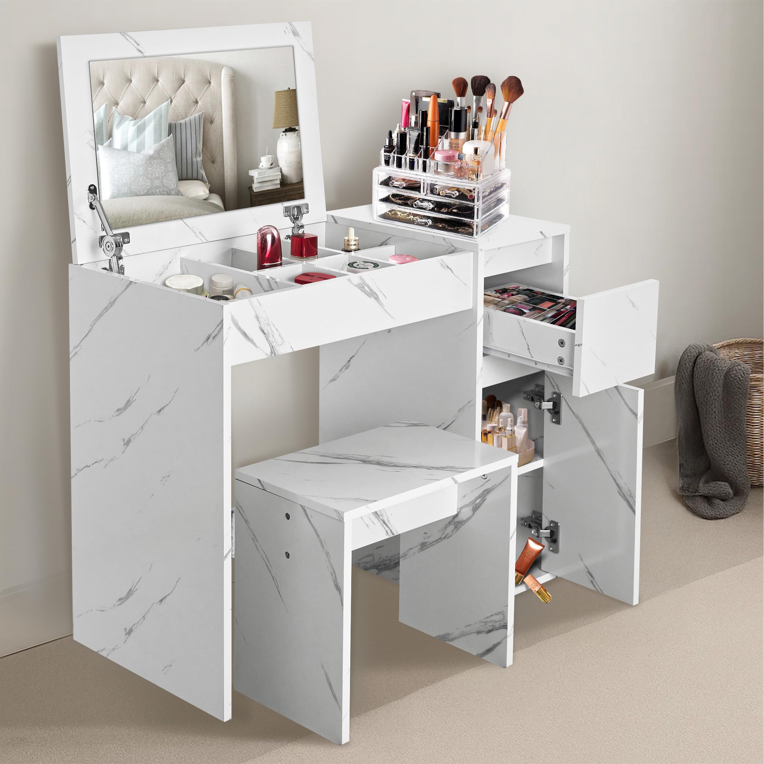 Vanity Desk with Mirror and Drawers, Makeup Dressing Table Vanity Table Writing Desk Cosmetic Bedroom Dresser Makeup Table for Bedroom Furniture, White Marble, 81L x 40 W x 69 H cm