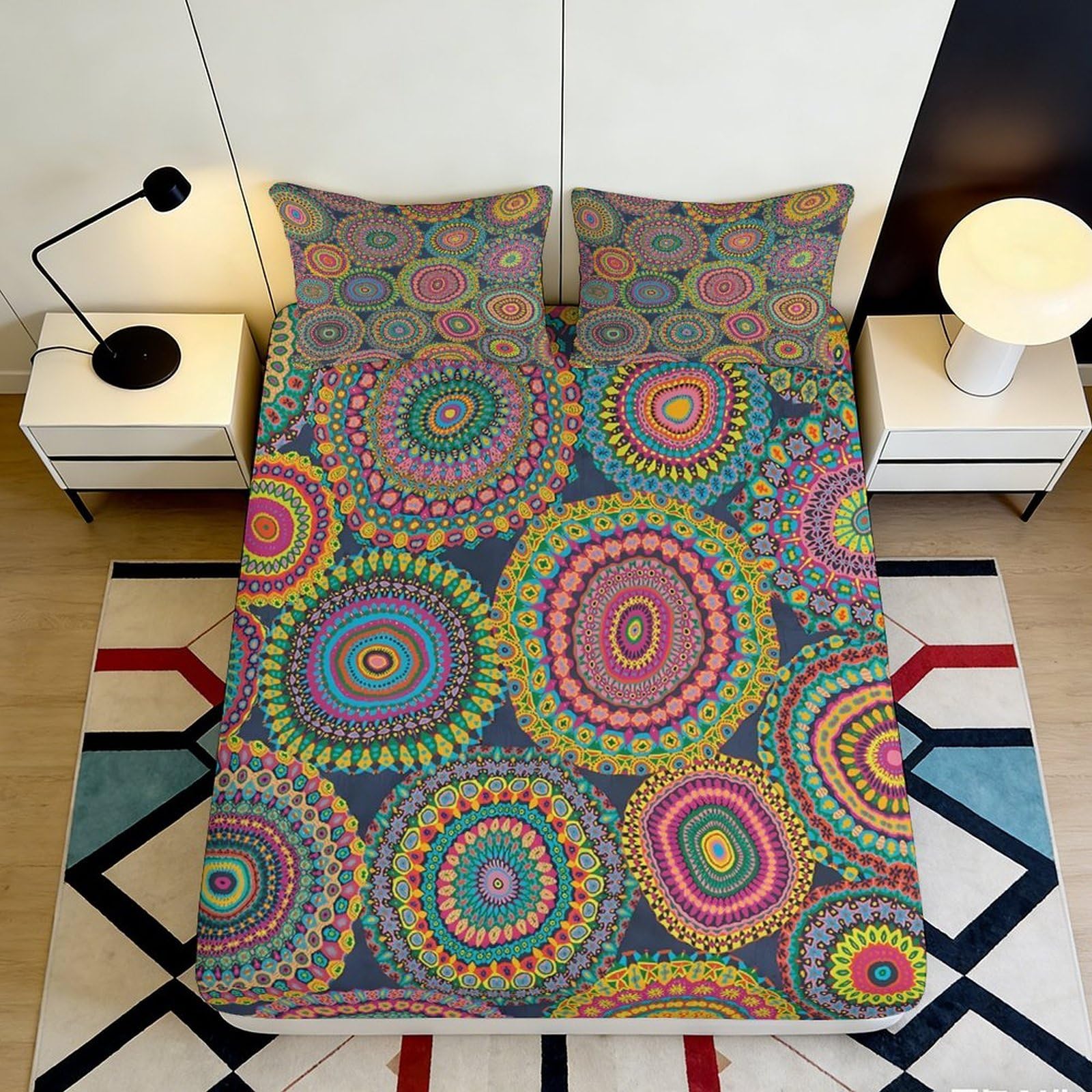 3D Printed Colorful Mandala Fitted Sheet Microfiber Soft Durable Vibrant Circles Bed Cover for Bedroom Dormitory Guest Room Mattress Protection 200x200x25cm