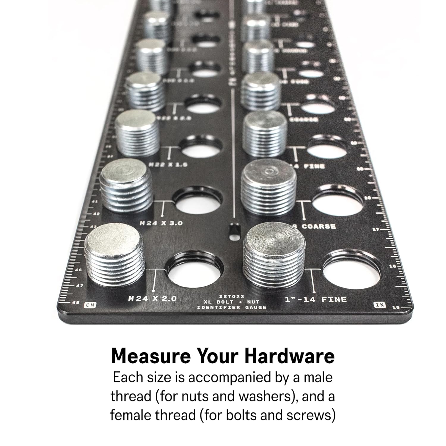 SST - Identibolt XL - Threadchecker for Large Sized Nuts and Bolts - Imperial SAE and Metric Threads - 20 Nuts & Bolts Identifier - from 9/16" to 1" & 16mm to 24mm - in. and Cm. Rulers - Made in USA