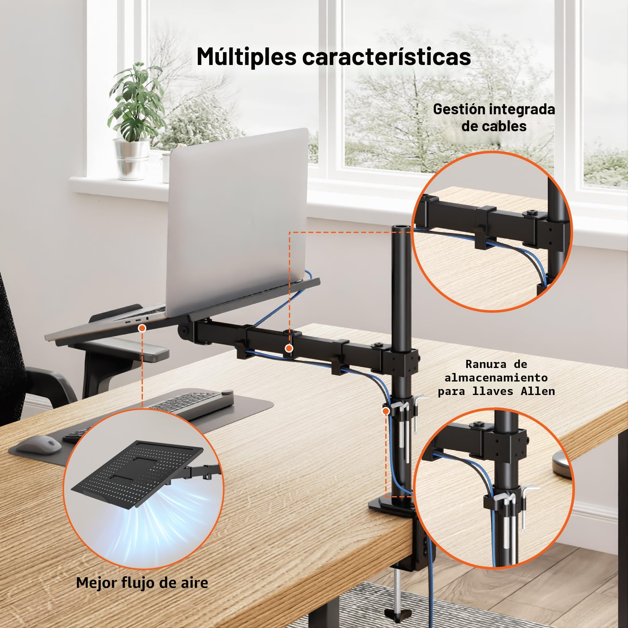 Redbat Soporte de Monitor y Bandeja Ventilad para Portátil de 16 Pulgadas y Pantallas LCD LED de 13 a 32 Pulgadas, hasta 8 kg, Brazo Monitor con Inclinación, Giro y Rotación