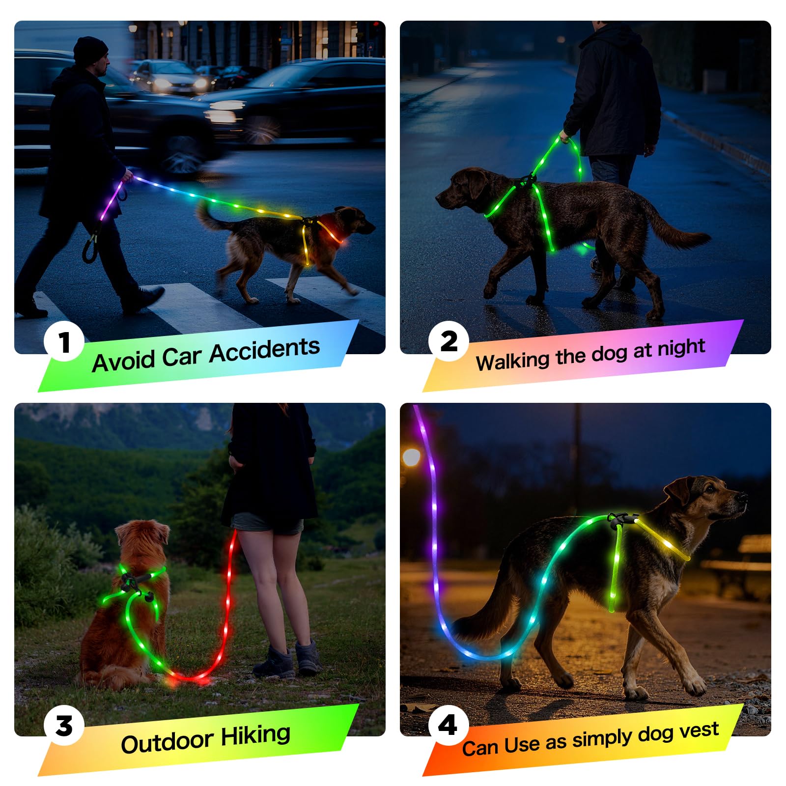 YFbrite 3-in-1 Hundegeschirr Leuchtend & Leuchthalsband Hund & LED Hundeleine – 15 Modi, Wiederaufladbare Hundeleinen Type-C Wiederaufladbar und wasserdicht – mittelgroße und große Hunde(9Ft)