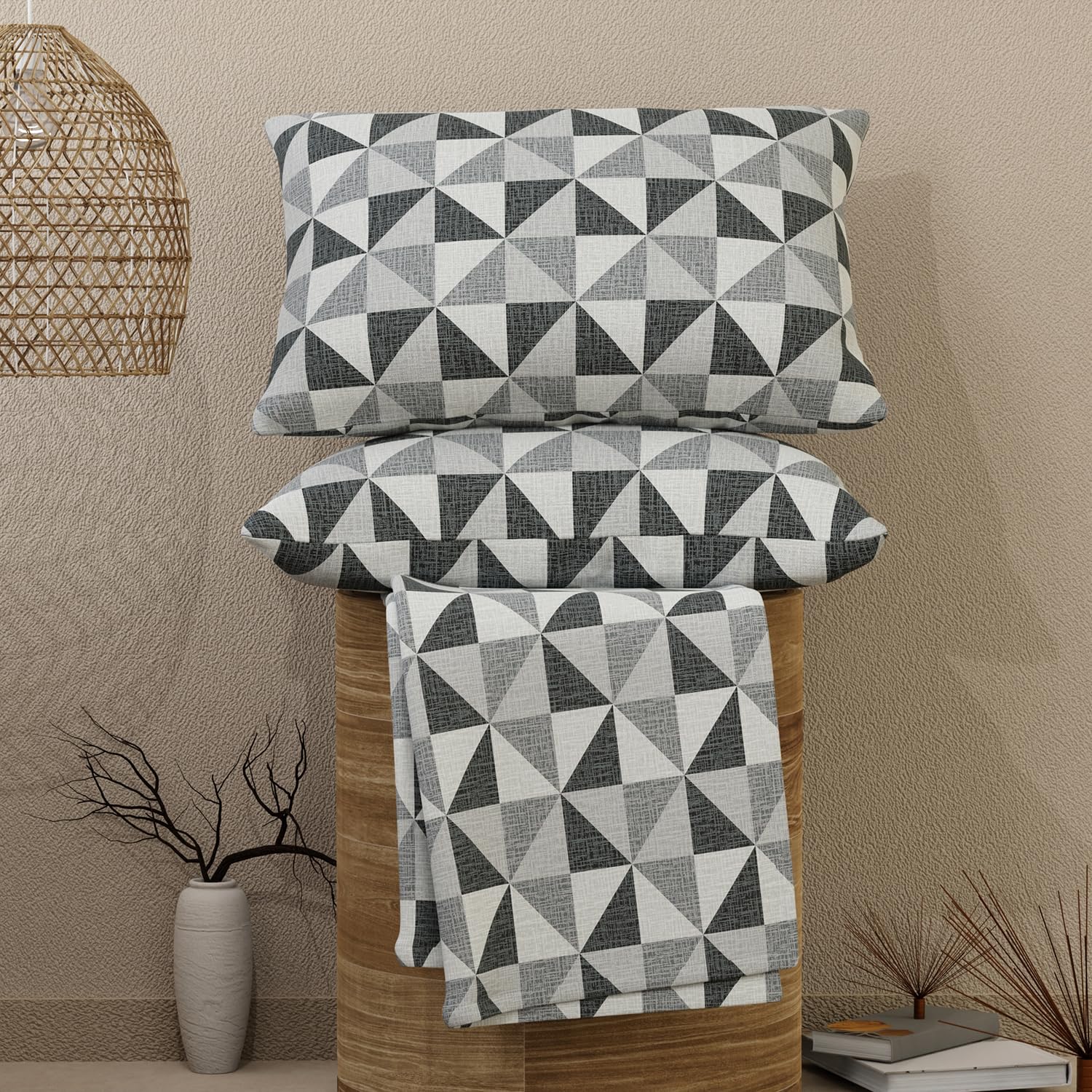 Emaline 100% Cotton King Bedsheet Set (Oeko Tex Certified) | 1 King Cotton Bedsheet & 2 Pillow Covers | Breathable & Anti-Wrinkle | 144 TC | (Geomtric Print, Grey)